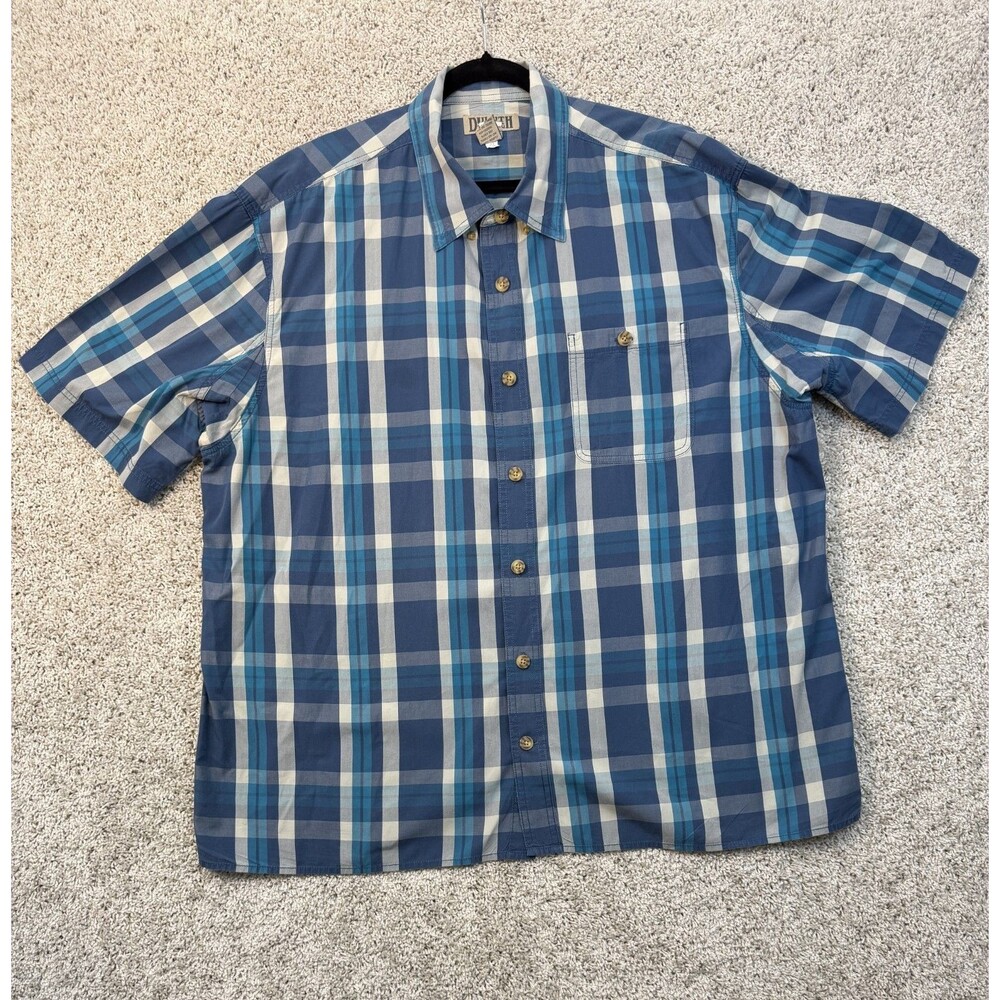 Duluth Trading Co Mens 2XL Plaid Shirt Short Sleeve 100% Cotton Blue Button Up